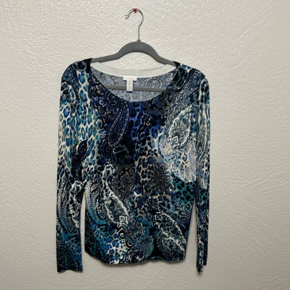 Long sleeve, Chico leopard/paisley print blue & grey tone. 79% rayon & 21% nylon